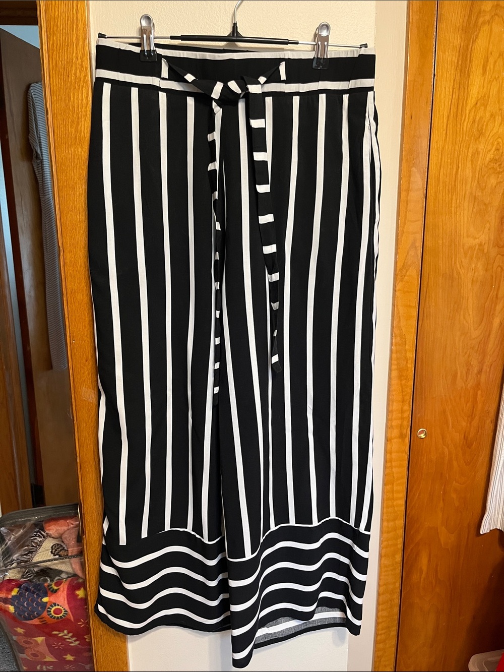 Cupio Black and White Vertical Stripe Wide Leg Pants with Tie Waist